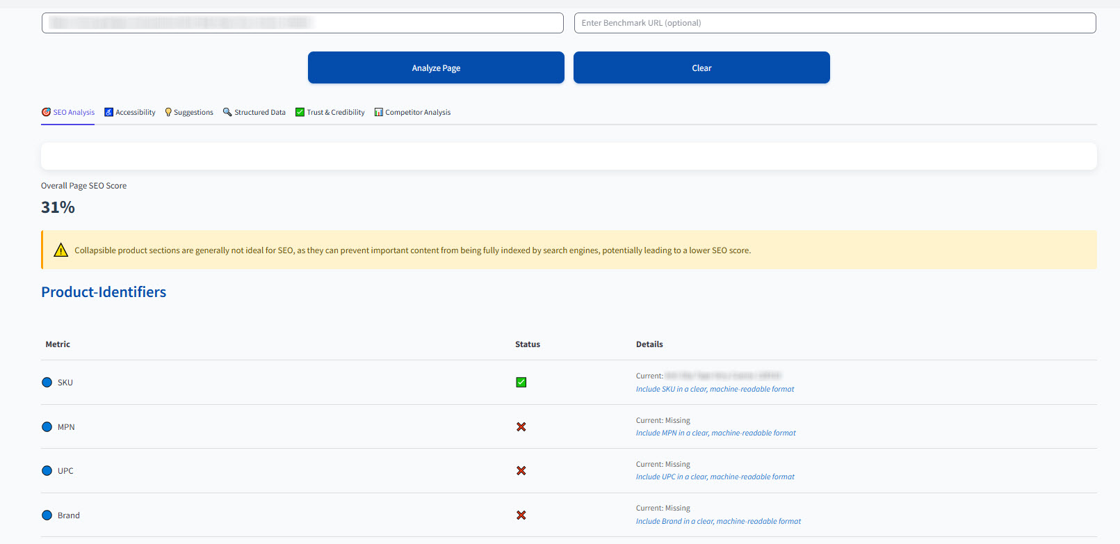 ProductPageIQ interface showing SEO analysis with a 31% score and product identifier analysis